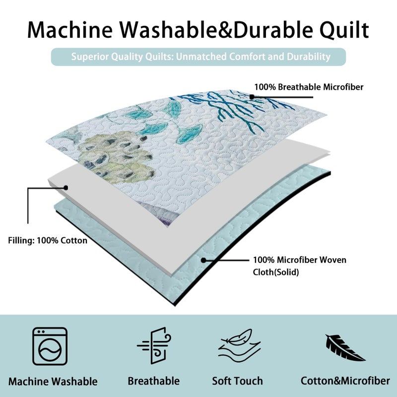 Tritard 3 Piece Coastal Beach Quilt Set Full/Queen Size Ocean Beach Themed Bedding Set Microfiber Lightweight Bedspread Coverlet with 2 Shams Starfish Coral Bed Covers for All Season  90''x96'' - Image 4